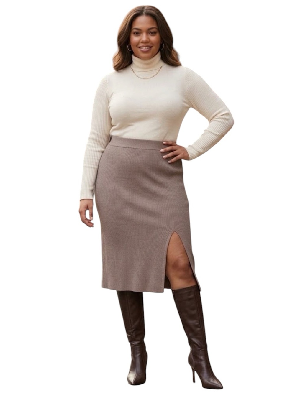 Ava & Vic Classic Ribbed Knee Length Knit Skirt - Taupe Size: 3X